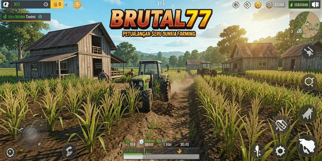 Tampilan gameplay seru di BRUTAL77 dengan aktivitas bertani.