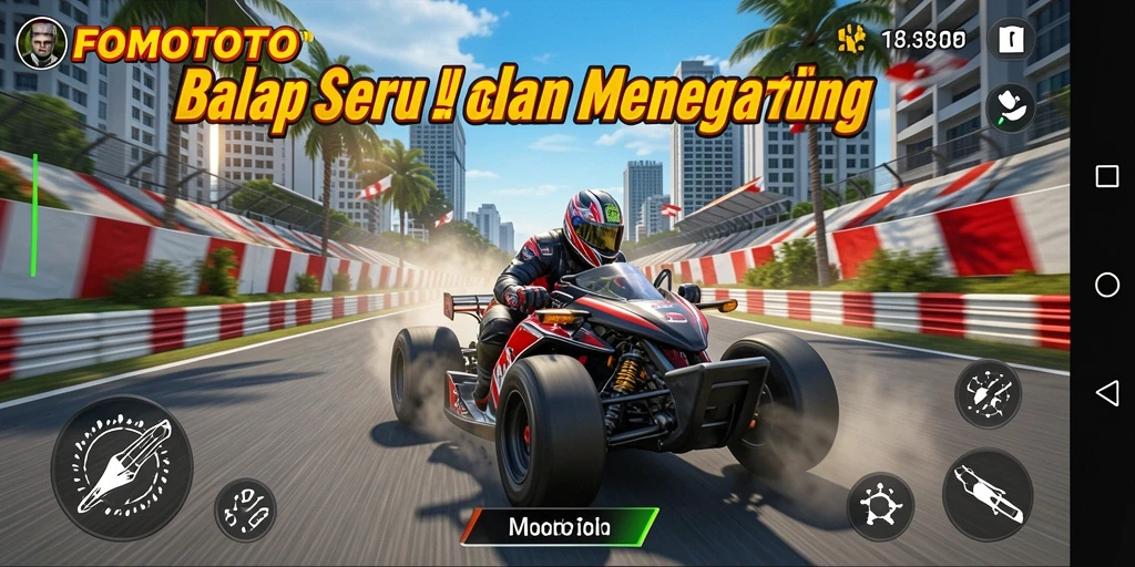 Screenshot gameplay FOMOTOTO menampilkan mobil balap melaju cepat di trek.