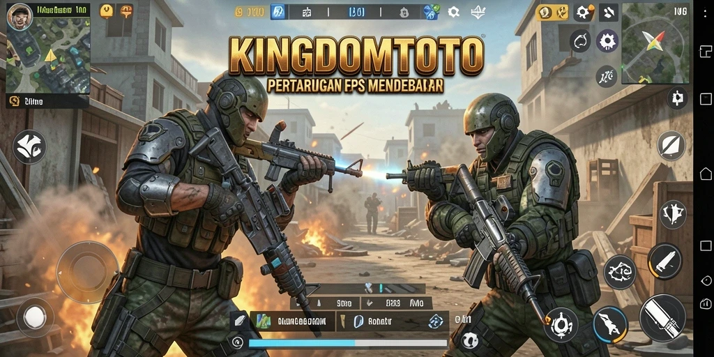 Screenshot gameplay KINGDOMTOTO menampilkan aksi tembak-menembak yang intens.