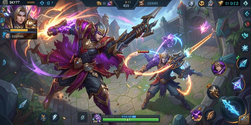 Tampilan seru pertarungan tim dalam SKY77 di arena MOBA.
